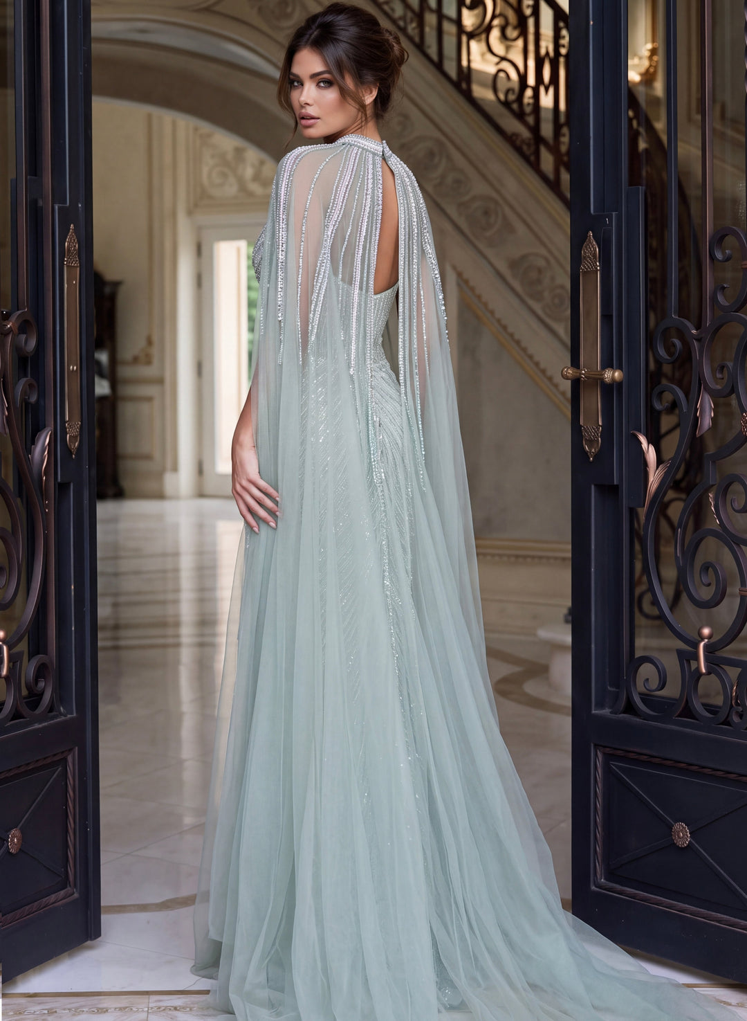 Jovani 48421 Beaded Mermaid Gown with High Collar Cape back three-quarter view showing keyhole back