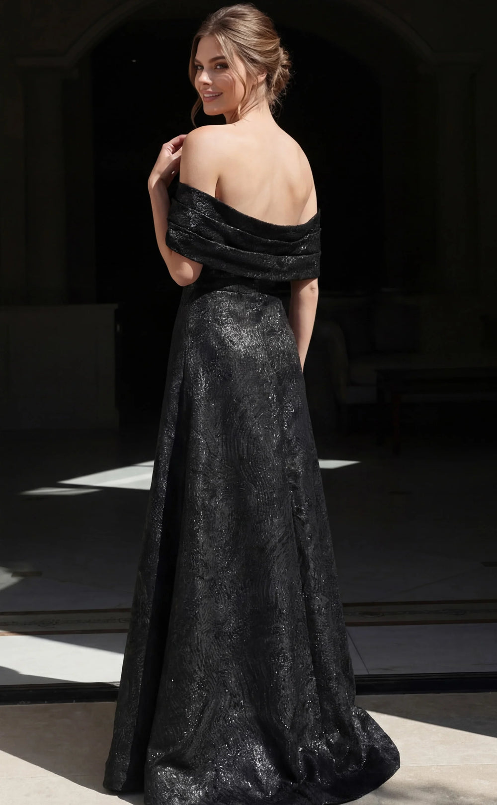 Jovani 48455 Brocade Off Shoulder A Line Gown - FOSTANI.com
