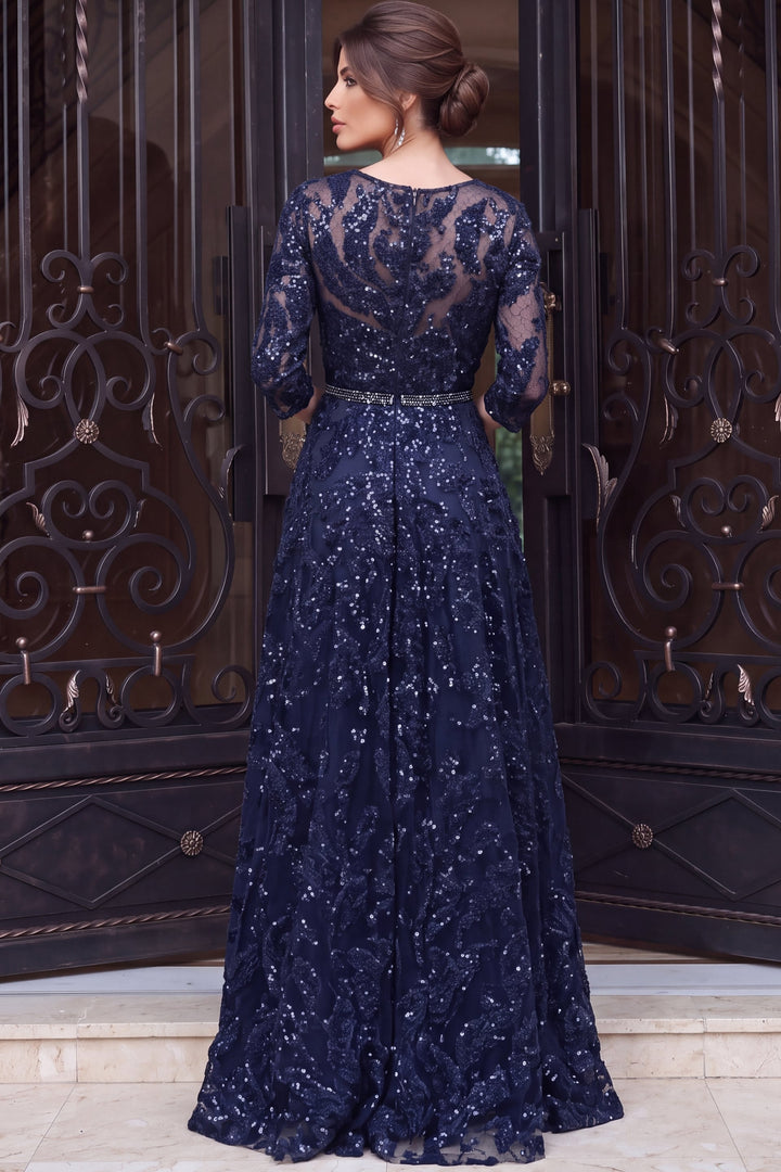Jovani 48749 V-Neck Three-Quarter Sleeve Embellished A-Line Evening Gown back view