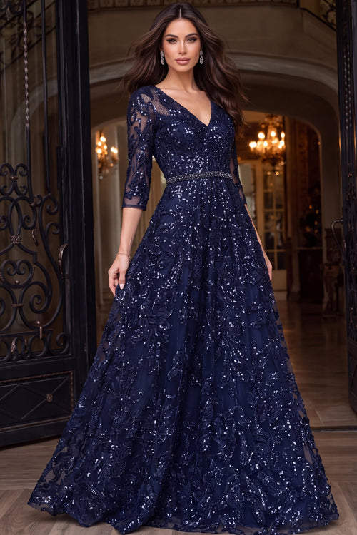 Jovani 48749 V-Neck Three-Quarter Sleeve Embellished A-Line Gown