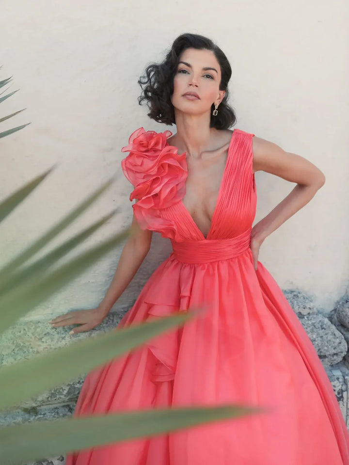 Mac Duggal 9948856P Petite Pink Ruffle Shoulder V-Neck Chiffon Gown