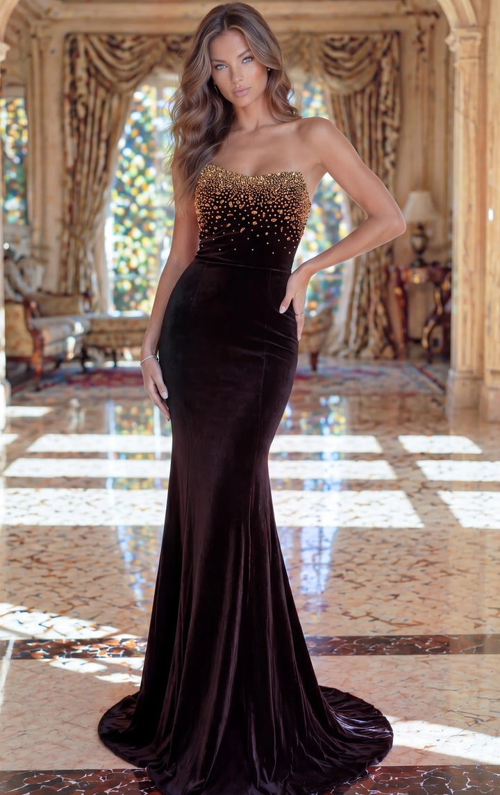 Jovani 48954 Velvet Strapless Beaded Mermaid Gown - FOSTANI.com