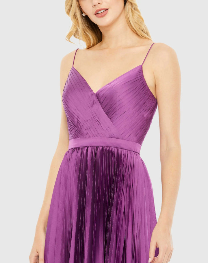 Mac Duggal 49637 Pleated Satin Flowy Midi Dress