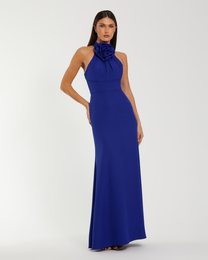 Blue Sleeveless Halter Neck Gown with Rosette Detail - FOSTANI.com