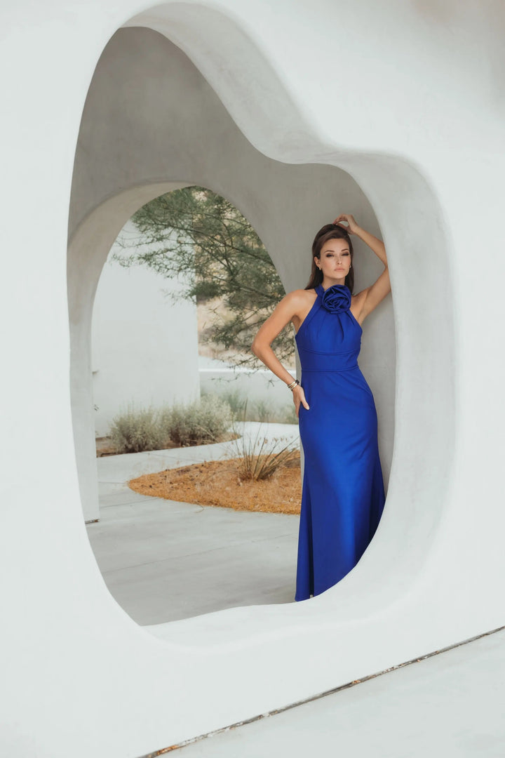 Blue Sleeveless Halter Neck Gown with Rosette Detail - FOSTANI.com