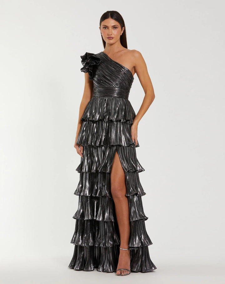 Mac Duggal 50080 Dark Gray Pleated Metallic Ruffled One Shoulder Gown