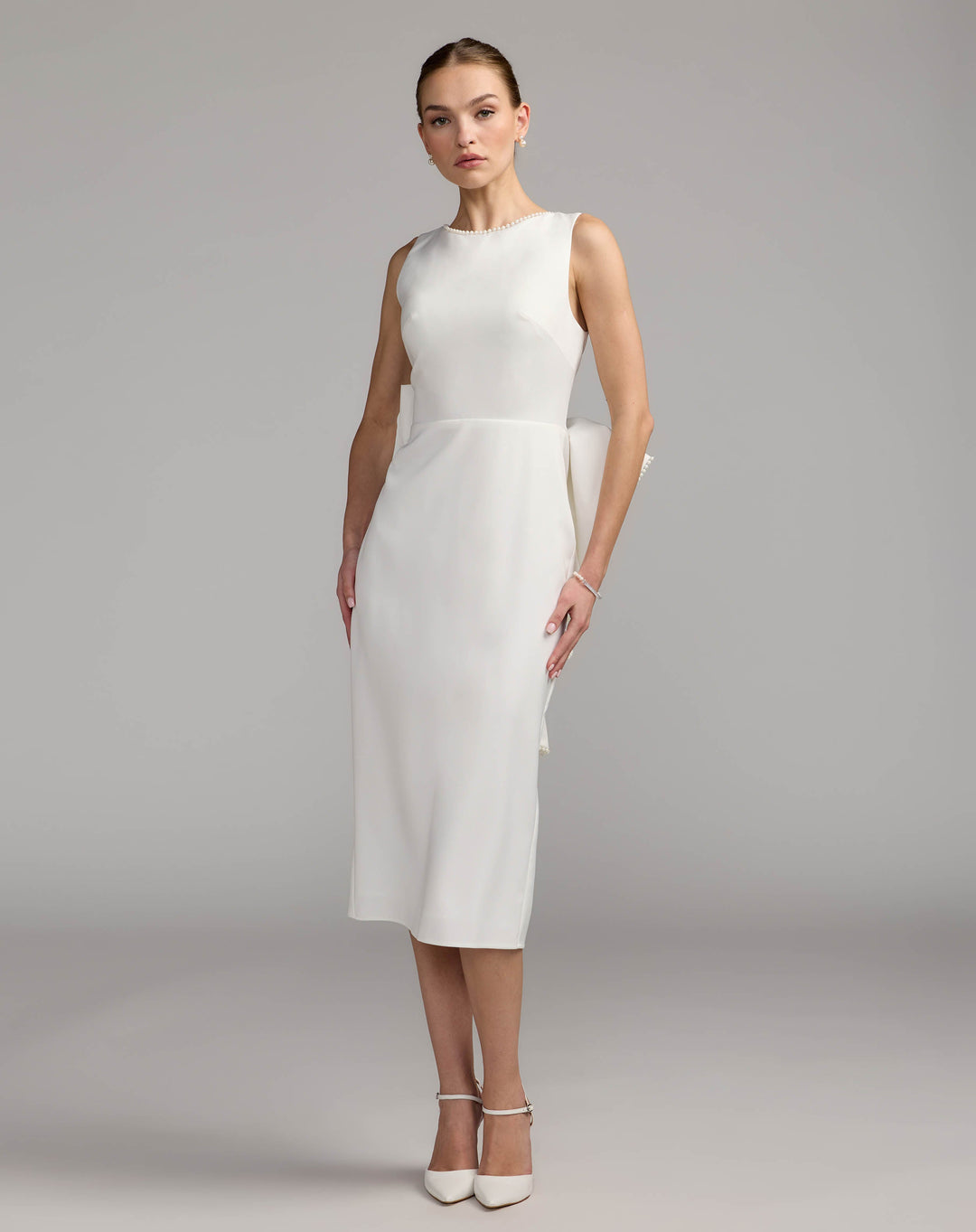 Mac Duggal 50169 Pearl Trim Bow Back Midi Dress