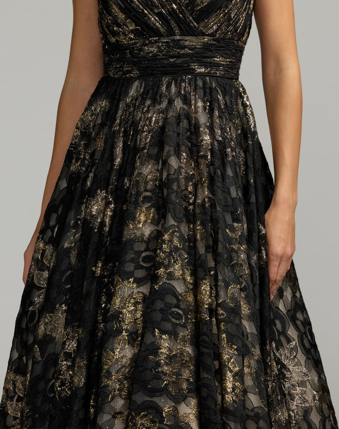 Mac Duggal 50186 Metallic Lace Sleeveless V-Neck Midi Dress