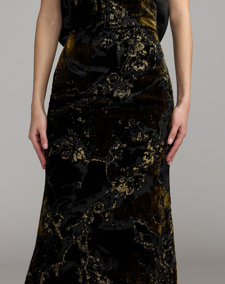 Mac Duggal 50218 Satin And Velvet Strapless Gown With Bow