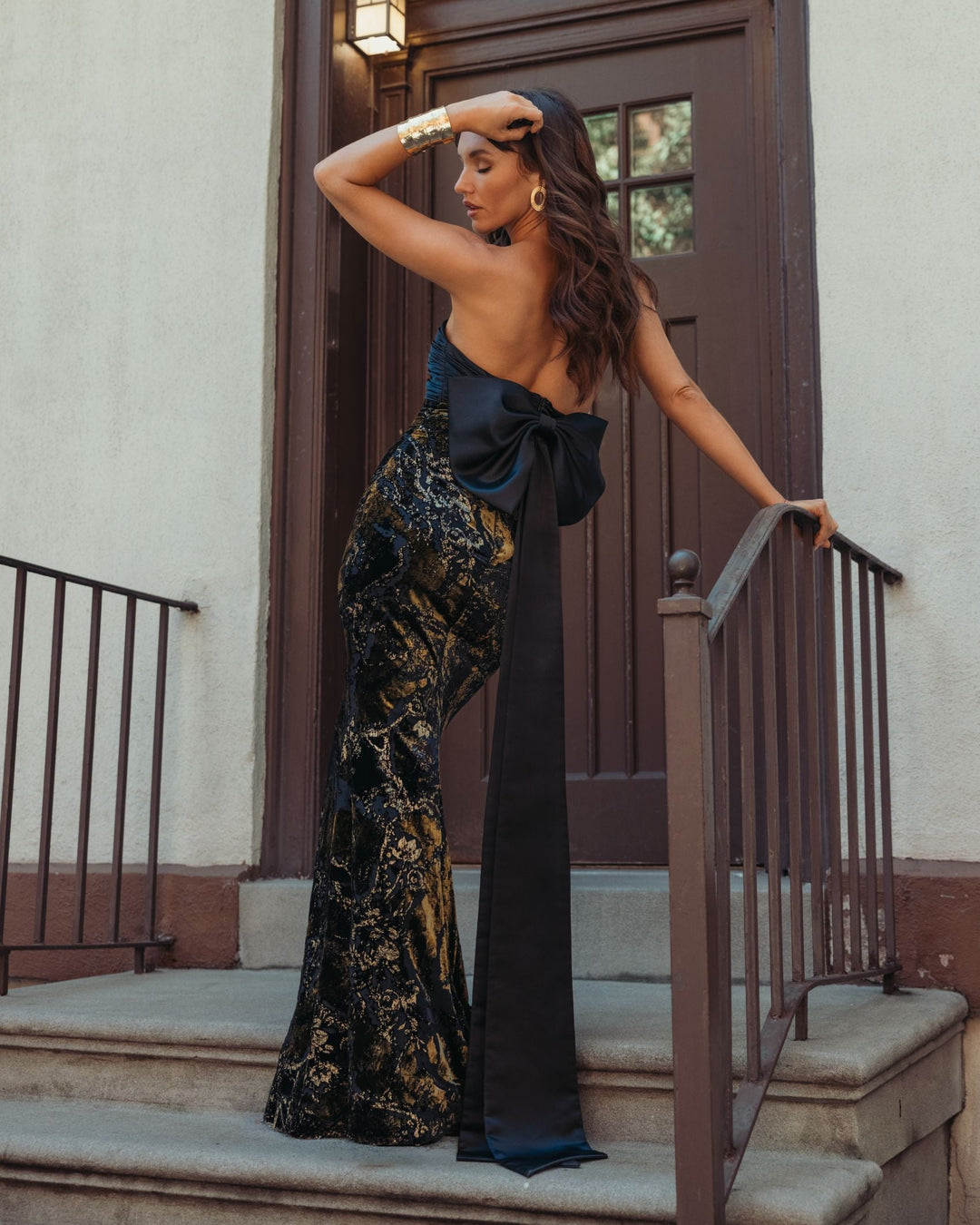 Mac Duggal 50218 Satin And Velvet Strapless Gown With Bow