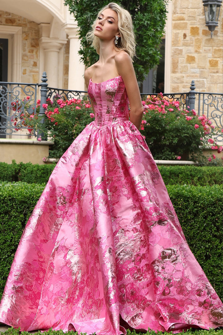 Jovani 51579 Strapless Sweetheart Corset Floral Ball Gown Prom Dress front view