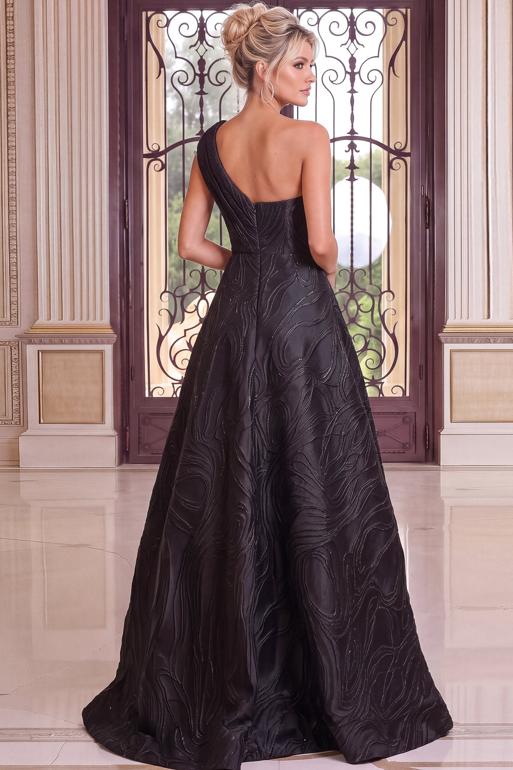 Jovani 52358 Black One Shoulder Beaded Waist A-Line Gown Back - FOSTANI.com