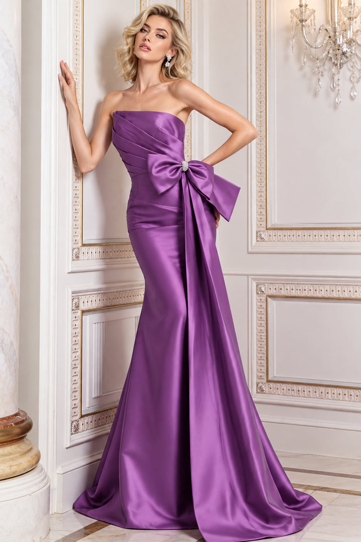 Jovani 52374 Strapless Oversized Bow Trumpet Gown with Cascading Sash front view