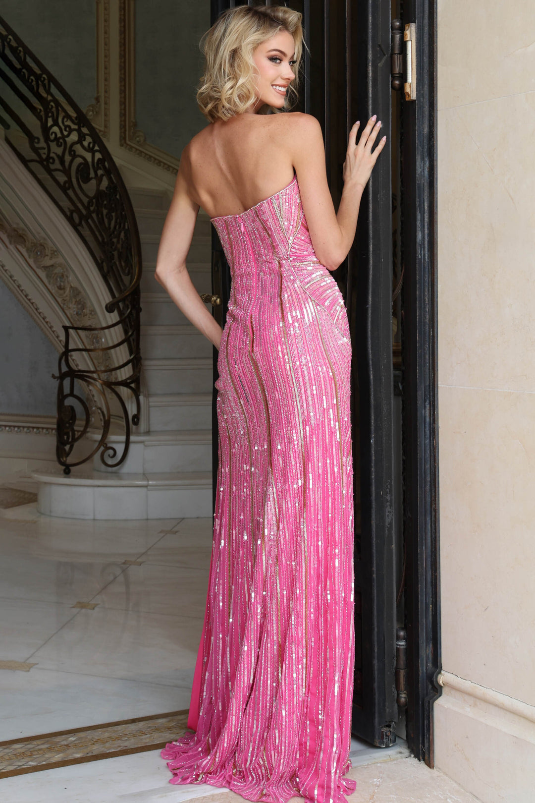 Jovani 52534 Strapless Vertical Sequin Column Gown with High Slit back view