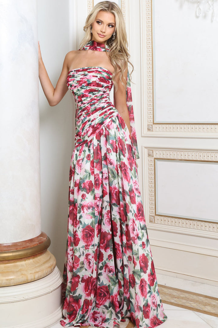 Jovani 52658 Strapless Rose Print A-Line Gown with Neck Scarf front view