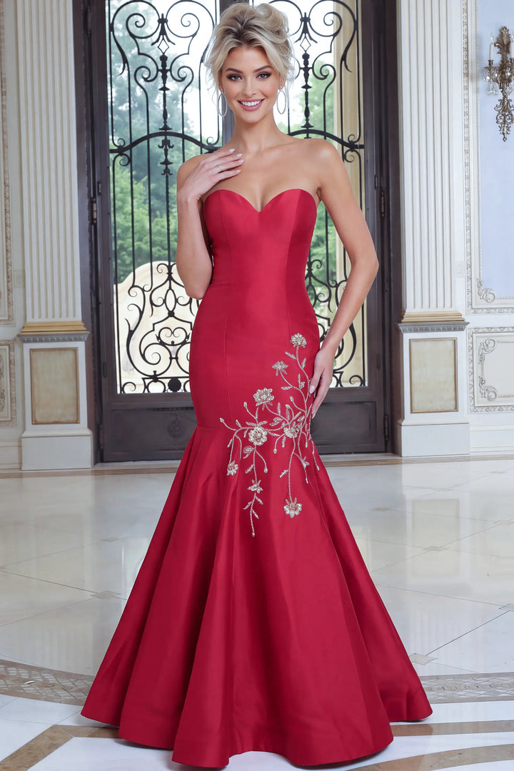 Jovani 53140 strapless embroidered mermaid evening gown front view