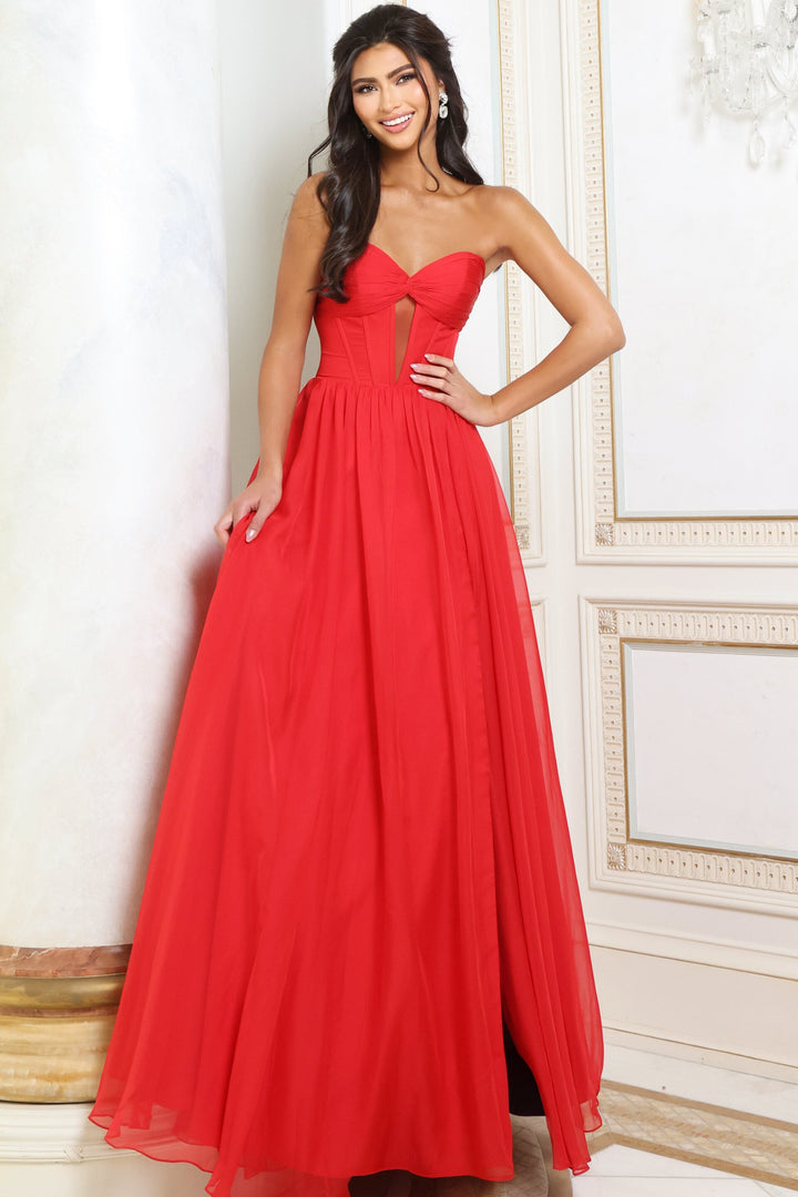 Jovani 53721 Strapless Twist Front Keyhole A-Line Gown with Lace-Up Back front view