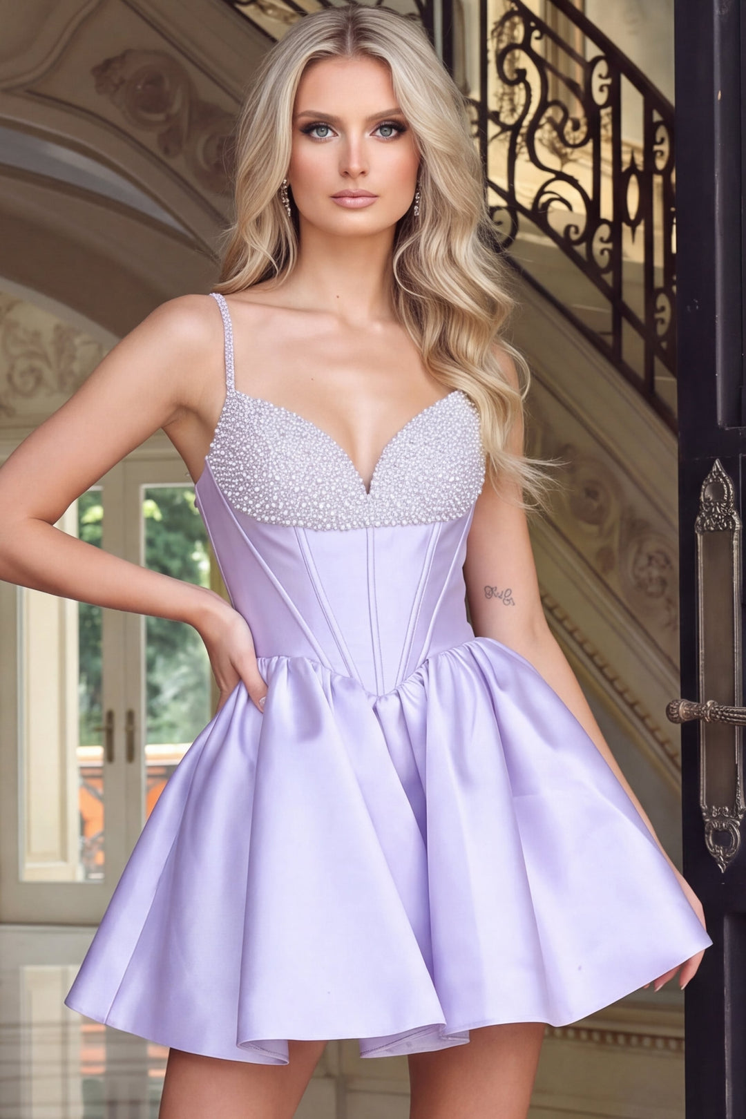Jovani 53857 Beaded Corset Sweetheart Fit and Flare Mini Homecoming Dress front view