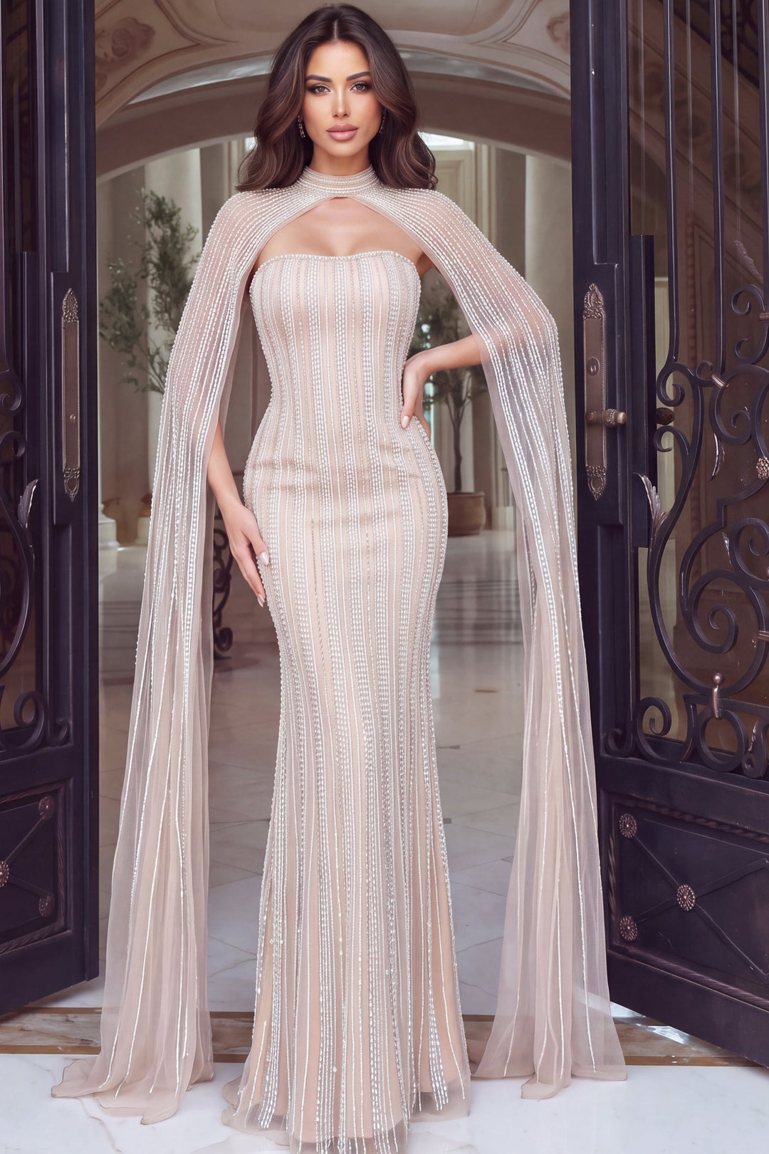 Jovani 54079 Strapless Beaded Mermaid Gown with Cape Sleeves, front