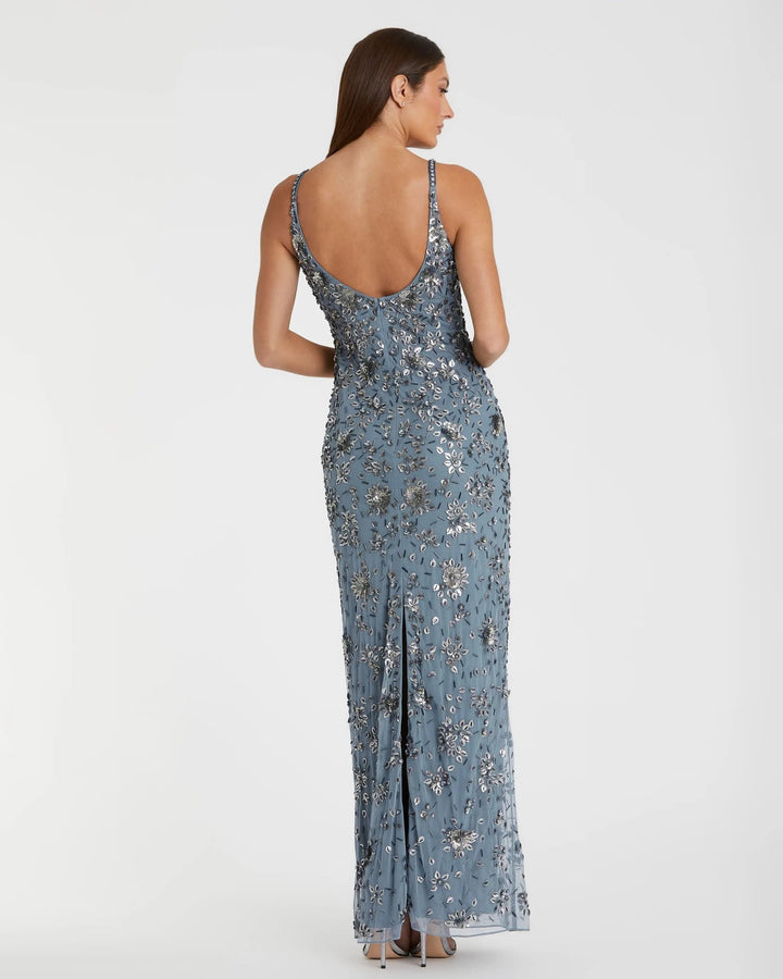 Mac Duggal 5477 Blue Floral Embellished Scoop Neck Evening Gown