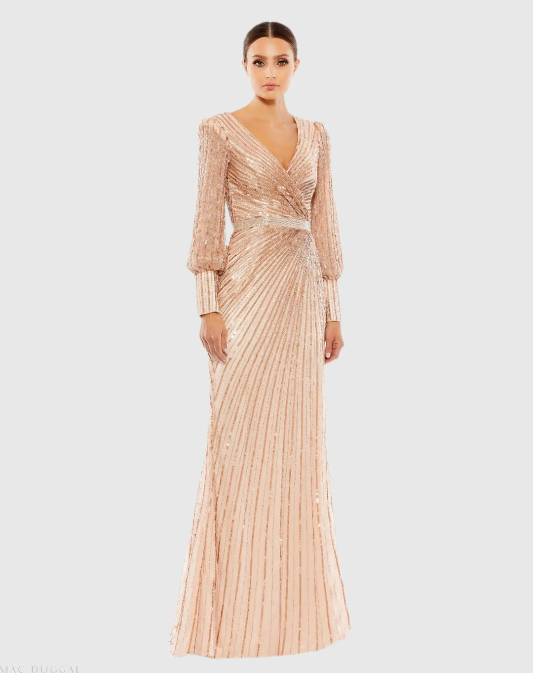 Mac Duggal 5501 Sequined Wrap Over Bishop Sleeve Gown