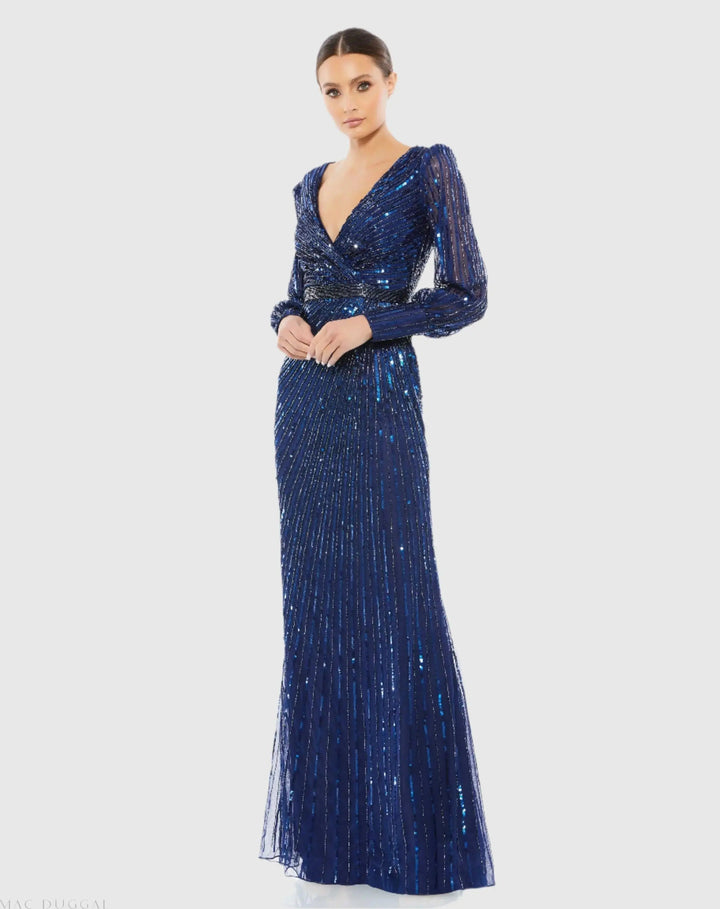 Mac Duggal 5501 Sequined Wrap Over Bishop Sleeve Gown