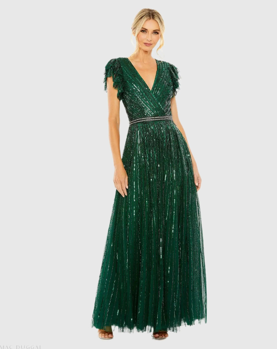 Mac Duggal 5502 Sequined Wrap Over Ruffled Cap Sleeve Gown