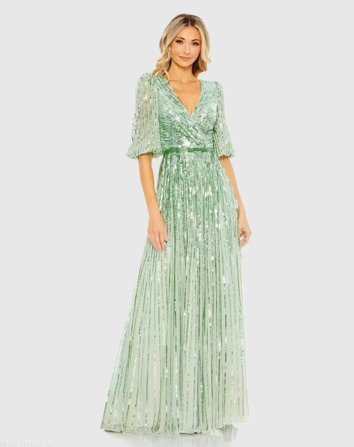 Mac Duggal 5509 Green Sequined Wrap Over 3/4 Sleeve Gown