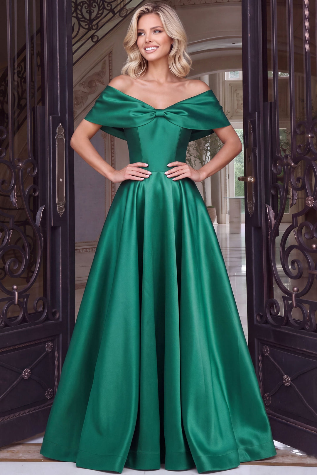 Jovani 55122 Off-the-Shoulder Pleated A-Line Evening Gown, front