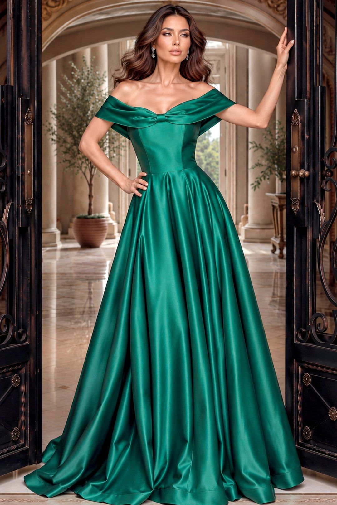 Jovani 55122 Off-the-Shoulder Pleated A-Line Evening Gown, front