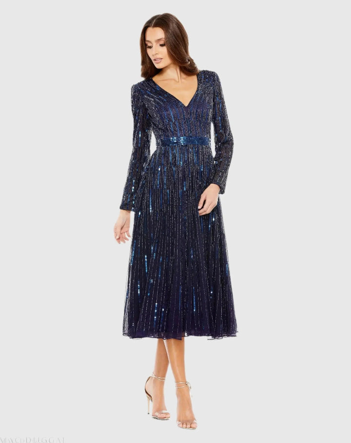 Mac Duggal 5528 Long Sleeve Tea Length Dress