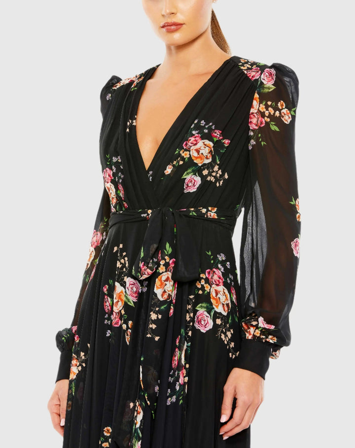 Mac Duggal 55661 Belted Floral Print Illusion Long Sleeve Gown