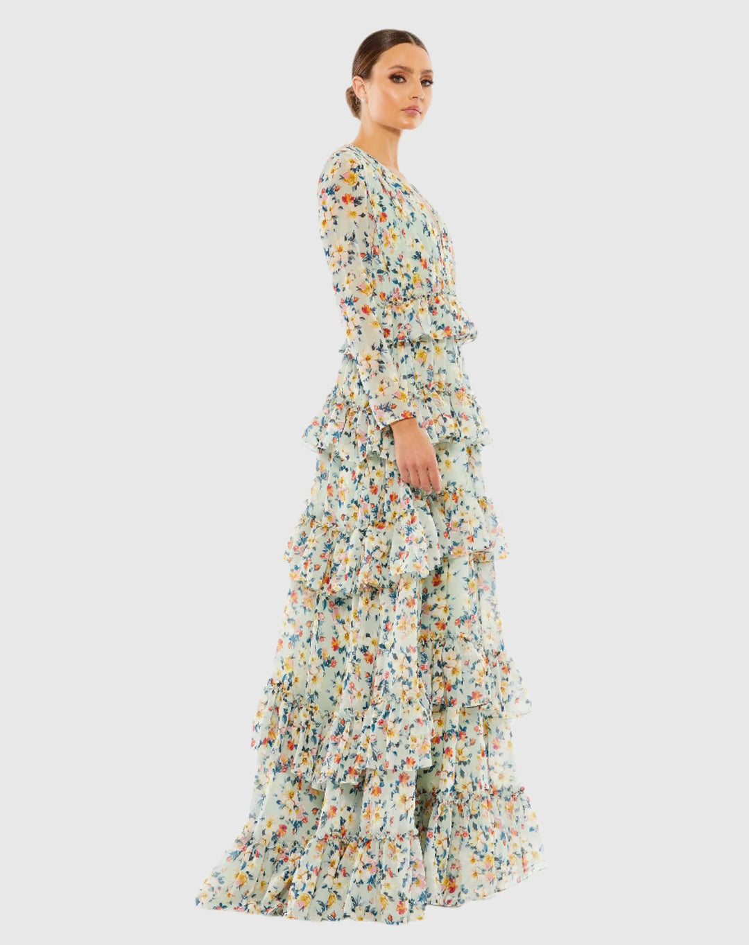 Mac Duggal 55664 Floral Printed Tiered Ruffle Long Sleeve Gown