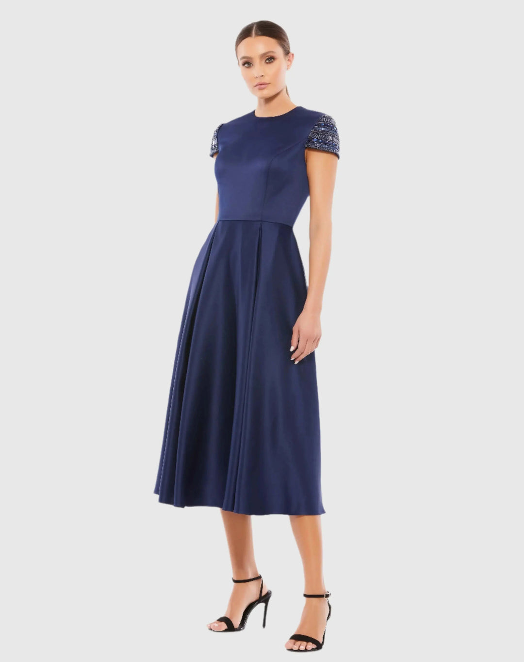 Mac Duggal 55699 High Neck Cap Sleeve Tea Length Dress