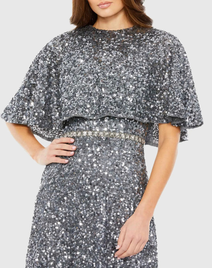Mac Duggal 5577 Embellished Cape High Neck Midi Dress