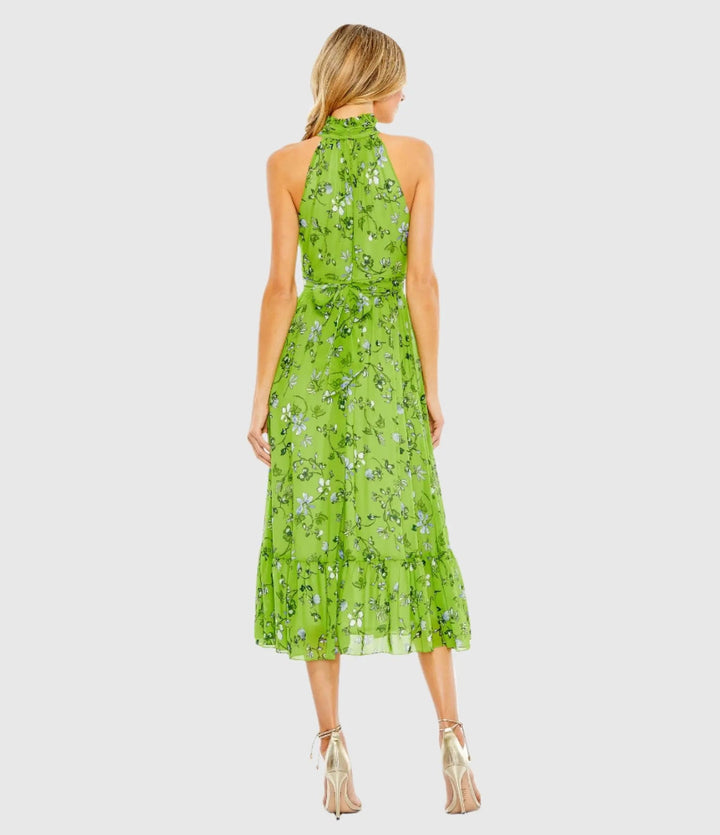 Mac Duggal 55854 Floral Print High-Neck A-Line Midi Dress