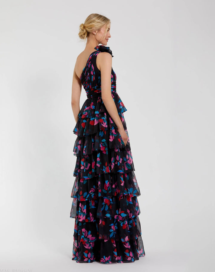Mac Duggal 56120 Floral Chiffon One Shoulder Tiered Ruffle Gown