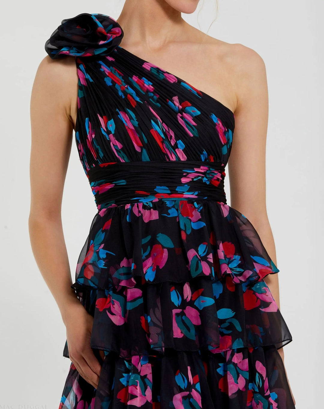 Mac Duggal 56120 Floral Chiffon One Shoulder Tiered Ruffle Gown