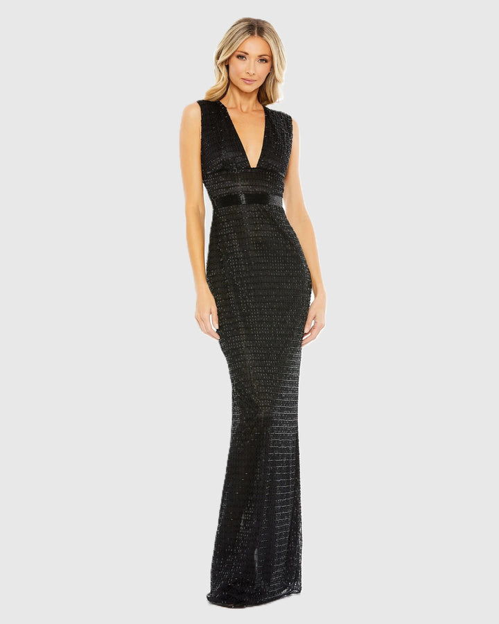 Mac Duggal 5625 Beaded Cap Sleeve V Neck Column Gown