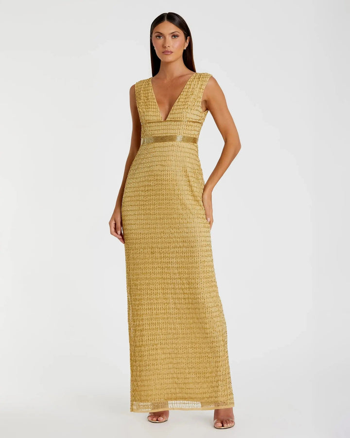 Mac Duggal 5625 Gold Beaded Cap Sleeve V Neck Column Gown