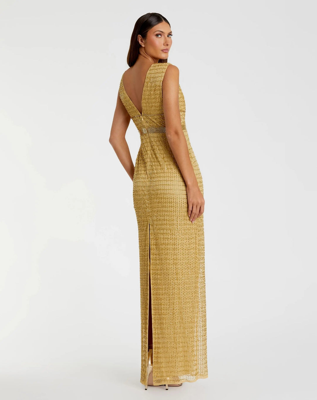 Mac Duggal 5625 Gold Beaded Cap Sleeve V Neck Column Gown