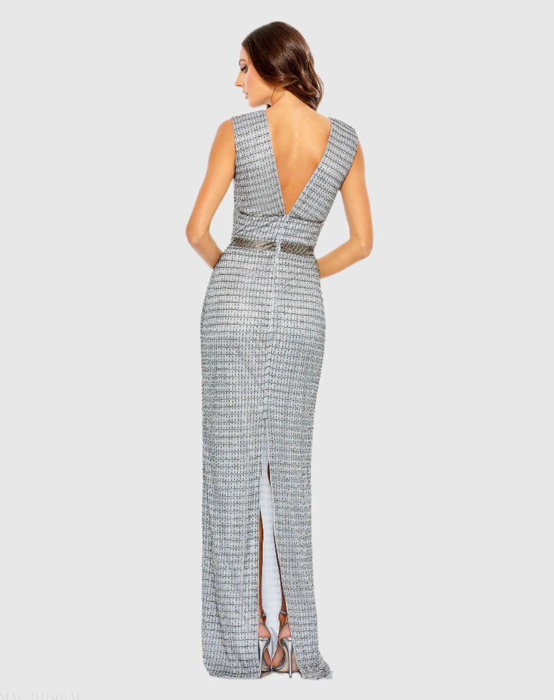 Mac Duggal 5625 Gold Beaded Cap Sleeve V Neck Column Gown