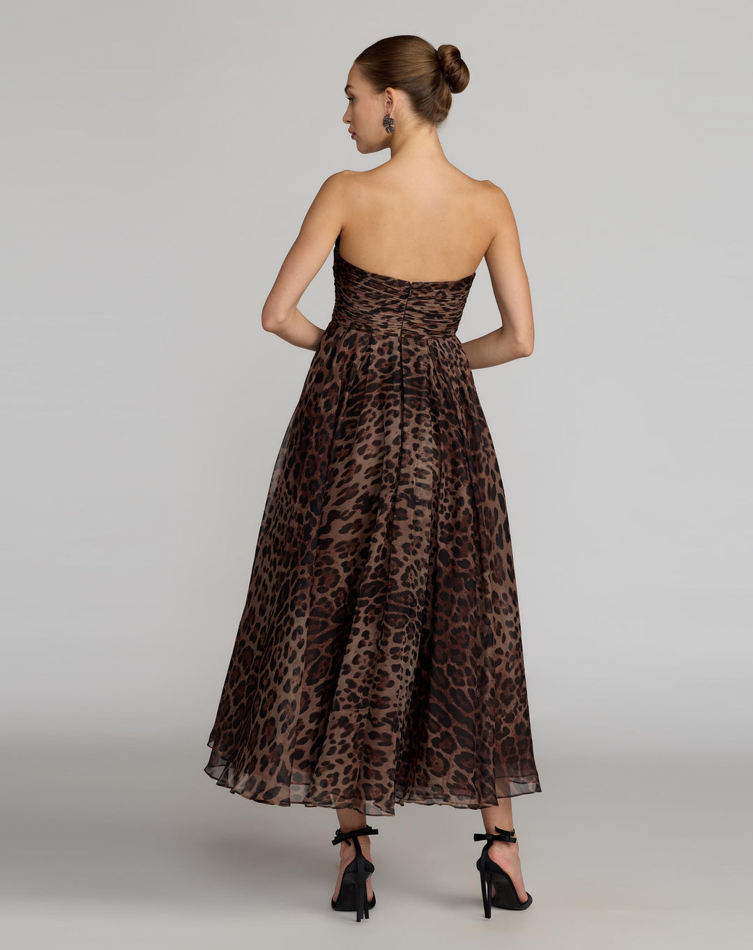 Mac Duggal 56350 Leopard Strapless A-Line Chiffon Midi Dress