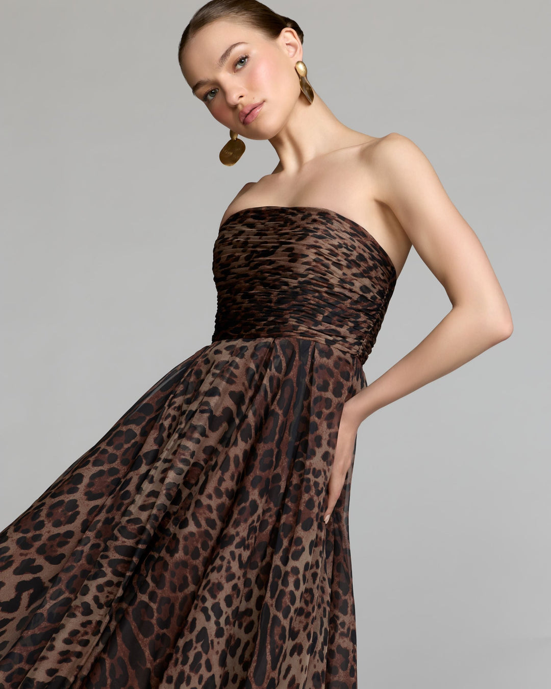 Mac Duggal 56350 Leopard Strapless A-Line Chiffon Midi Dress