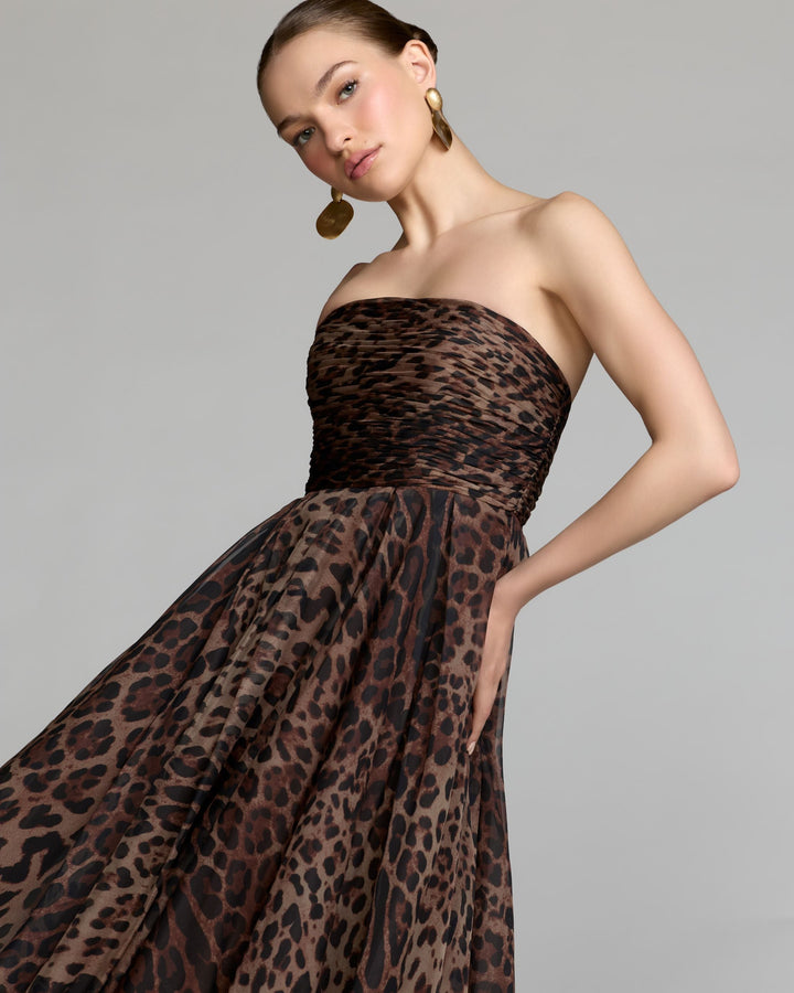 Mac Duggal 56350 Leopard Strapless A-Line Chiffon Midi Dress