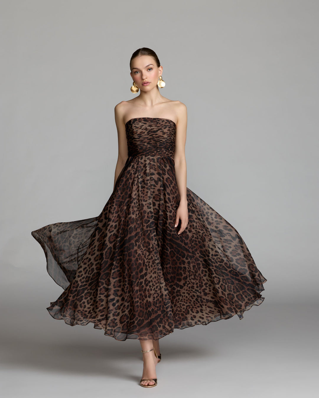 Mac Duggal 56350 Leopard Strapless A-Line Chiffon Midi Dress