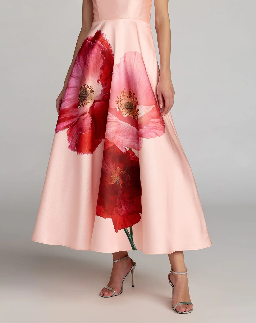 Pink Strapless A Line Midi Dress With Flower Print - FOSTANI.com