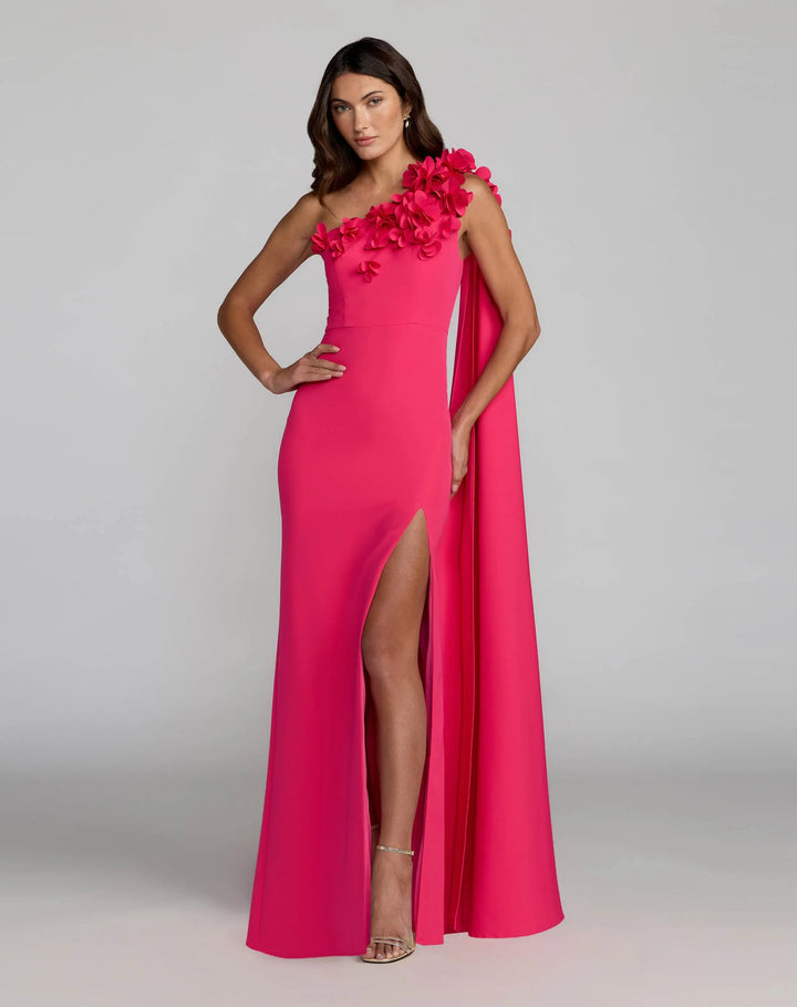 Mac Duggal 56394 Pink One Shoulder 3D Floral Cape Gown - FOSTANI.com