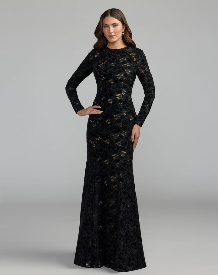 Mac Duggal 56436 Long Sleeve Open Back Embroidered Gown
