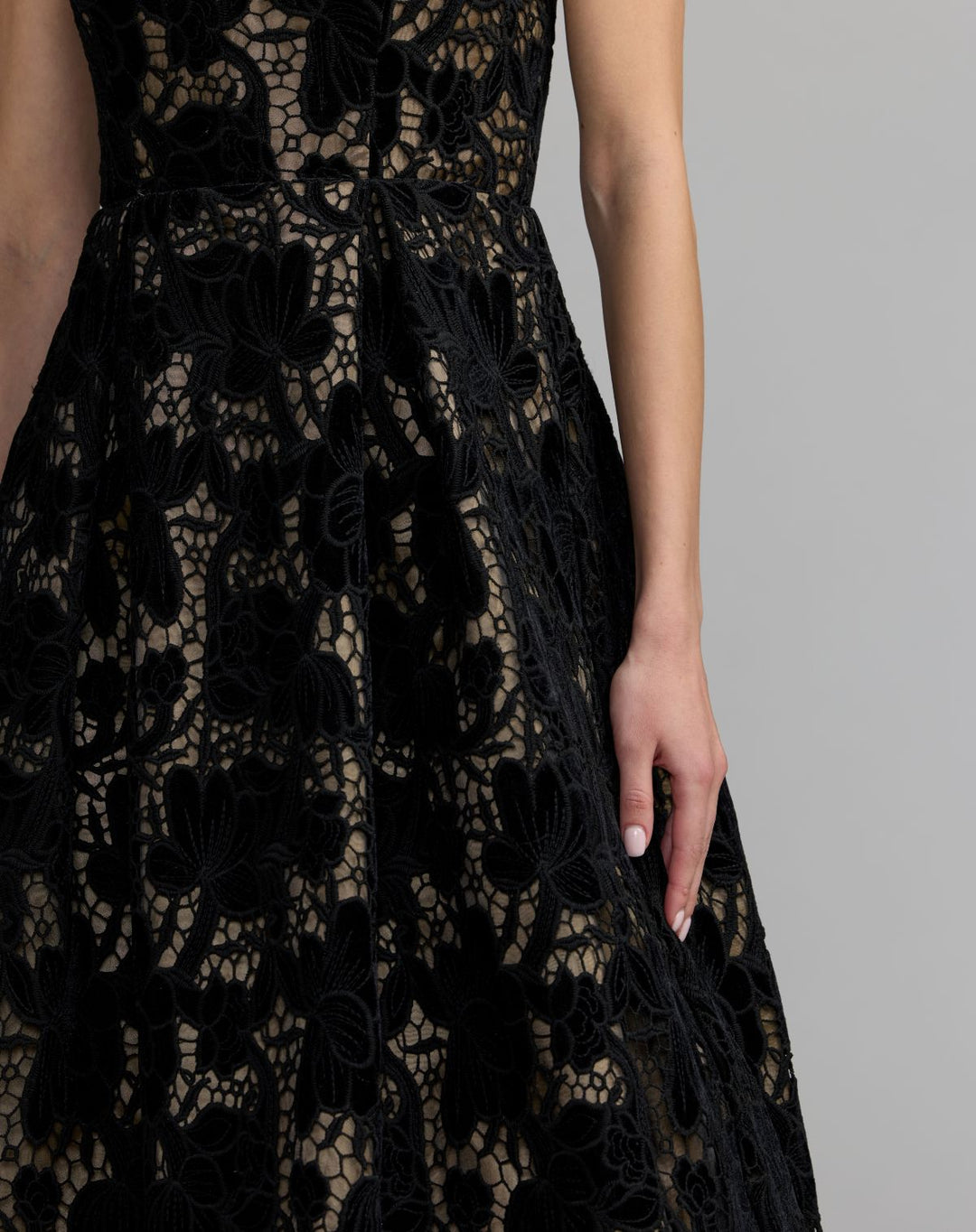 Mac Duggal 56438 Floral Lace Strapless A-Line Midi Dress
